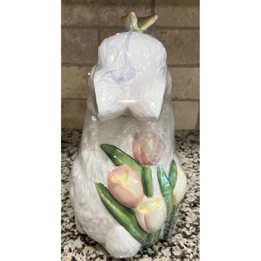 New Cracker Barrel Bunny Party Cookie Jar Ceramic Bunny Rabbit W/Butterfly Decor